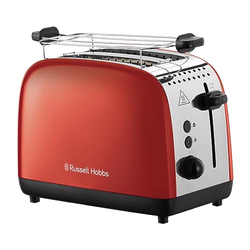 Grille-pain Russell Hobbs [pour 2 tranches] Colours Plus Acier inoxydable Rouge (fentes de toast extra larges, y compris chauffe-petits pains, 6 niveaux de brunissage + fonction décongélation, fonction Lift &amp; Look, 1600 W) 26554-56