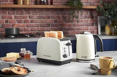 Grille-pain Russell Hobbs [pour 2 tranches] Colours Plus en acier inoxydable crème (fentes de toast extra larges, y compris chauffe-petits pains, 6 niveaux de brunissage + fonction décongélation, fonction Lift &amp; Look, 1600 W) 26551-56