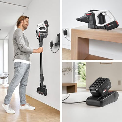 Bosch Akku-Staubsauger Unlimited Gen2 Serie 8 BSS825ALL, beutellos, bis 45 Min Laufzeit, austauschbarer Akku, Schnellladegerät, Hartboden-Softdüse mit LED, XXL-Polsterdüse, Fugendüse, weiß