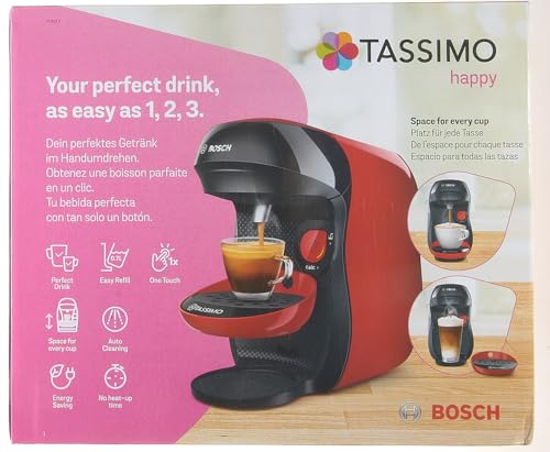 Bosch Tassimo Happy Kapselmaschine TAS1003 Kaffeemaschine by, 70 Getränke, vollautomatisch, geeignet für alle Tassen, platzsparend, 1400 W, rot