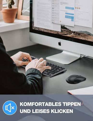 TECKNET Kabelloses Tastatur Maus Set, Deutsch QWERTZ Layout, 2.4 GHz Funk Mini Tastatur Mouse, 15m Reichweite Verbindung, Wireless Leise Funktastatur mit Maus für PC, Laptop, Smart TV, Grau