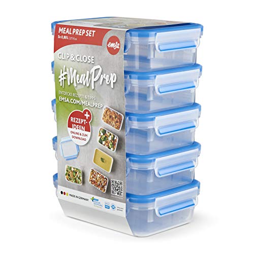 Emsa Clip&Close Frischhaltedose Mealprep-Set N10307|5-teiliges Set|Vorratsdosen| 0,8 Liter|100% dicht + hygienisch|Frische Dichtung|Spülmaschinen-, Mikrowellen-, und Gefriergeeignet, Transparent/Blau