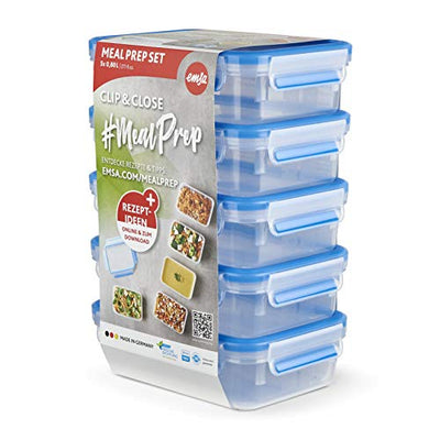 Emsa Clip&Close Frischhaltedose Mealprep-Set N10307|5-teiliges Set|Vorratsdosen| 0,8 Liter|100% dicht + hygienisch|Frische Dichtung|Spülmaschinen-, Mikrowellen-, und Gefriergeeignet, Transparent/Blau