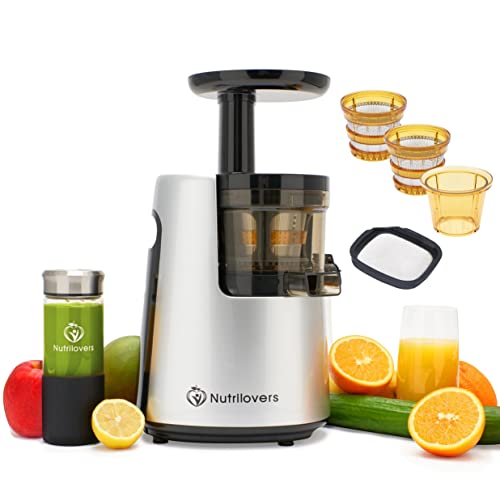 NUTRI-PRESS NO.1 Slow Juicer Profi Entsafter Testsieger Saftausbeute 3 Siebe Saft, Smoothie, Frucht-Eis Sehr leise, BPA-Frei - elektrische Saftpresse Obst Gemüse, Rezeptbuch, Flasche