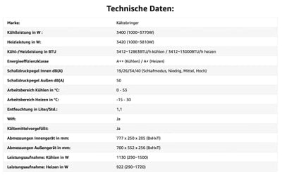 Kältebringer Split Klimaanlage - 12000 BTU - Inverter Klimagerät mit Heizfunktion, WiFi und App - bis 55qm - sehr leise - Komplett Set, 5m Kupferleitung, Kältemittel R32, Montagematerial