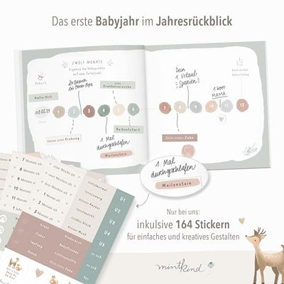 mintkind® Babyalbum "Mein erstes Lebensjahr" Wald + Sticker Set | Baby Fotoalbum zum Selbstgestalten | Baby Geschenk für Mädchen und Junge | Babybuch zum Eintragen | Baby-Tagebuch ab 0 Monate