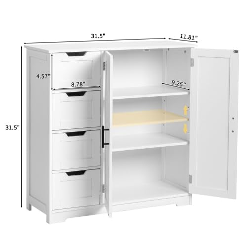 Bonnlo Badezimmerschrank Badschrank, Badkommode mit 4 Schubladen und 2 Schranktüren, Aufbewahrungsschrank mit verstellbaren Einlegeböden für Badezimmer Wohnzimmer Flur Küche, 80×30×80cm, Weiß