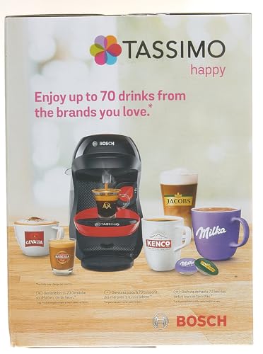 Bosch Tassimo Happy Kapselmaschine TAS1003 Kaffeemaschine by, 70 Getränke, vollautomatisch, geeignet für alle Tassen, platzsparend, 1400 W, rot