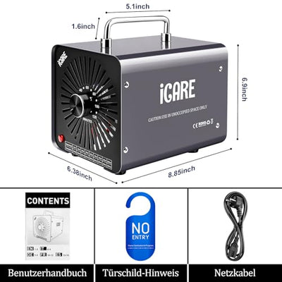 ICARE Ozongenerator 30000mg/h Ozongerät, Ozonisator Industrieller O3 Ozon Luftreiniger mit 120 Min Timer für 300㎡ Geruchskiller Geruchsneutralisierer für Auto, Rauch, Haustiergerüche, Küchengerüche