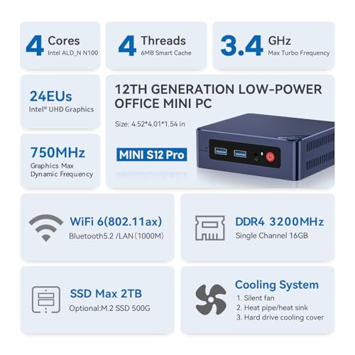 Beelink Mini S12 Mini PC, Intel 12. Prozessor N100 (4C/4T, bis zu 3.4Ghz), 16G DDR4 500G SSD Mini Computer W11 Pro, LAN 1000M/25W TDP/WiFi 6/BT5.2 für Zuhause/Büro