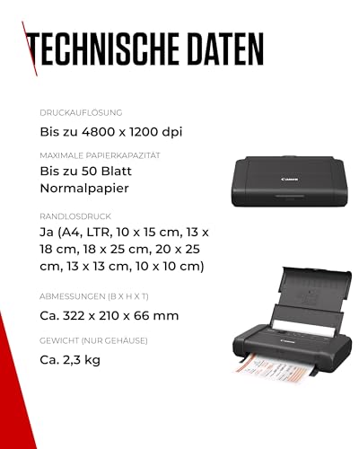 Canon PIXMA TR150 mobiler Drucker mit Akku (WLAN, Cloud, AirPrint, 4.800 dpi x 1.200 dpi, Highspeed USB Typ C, OLED-Display, Tintenstrahldrucker), schwarz