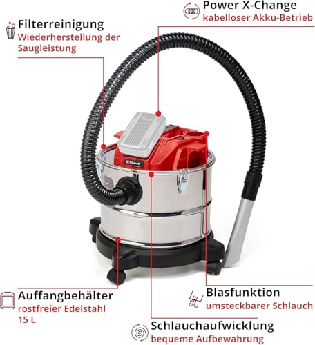 Einhell Akku-Aschesauger TE-AV 18/15 Li C-Solo Power X-Change (Li-Ion, 18V, 100 mbar Saugleistung, 15 l Auffangbehälter, Filterreinigungssystem, Lieferung ohne Akku & Ladegerät), Schwarz/Rot