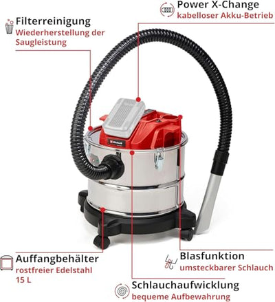 Einhell Akku-Aschesauger TE-AV 18/15 Li C-Solo Power X-Change (Li-Ion, 18V, 100 mbar Saugleistung, 15 l Auffangbehälter, Filterreinigungssystem, Lieferung ohne Akku & Ladegerät), Schwarz/Rot