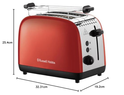 Grille-pain Russell Hobbs [pour 2 tranches] Colours Plus Acier inoxydable Rouge (fentes de toast extra larges, y compris chauffe-petits pains, 6 niveaux de brunissage + fonction décongélation, fonction Lift &amp; Look, 1600 W) 26554-56