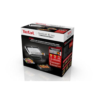 Tefal OptiGrill & Bake Kontaktgrill mit Backschale, 6 Programme, Garstufenanzeige, Abnehmbare Platten, Elektrogrill, Edelstahl, GC714D10, Silber