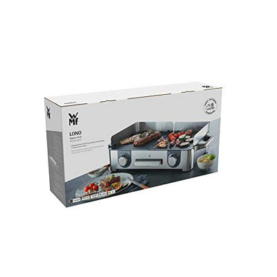 WMF Lono Master-Grill, Elektrogrill, 50x28 cm, Elektrogrill Tischgrill mit Windschutz und Auffangschale, Outdoorzertifiziert für Barbecue, 2 getrennt regulierbare Grillflächen, 2400 W, edelstahl matt