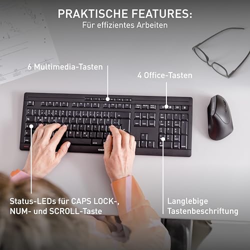 CHERRY STREAM KEYBOARD WIRELESS, Kabellose Tastatur, Deutsches Layout (QWERTZ), 2,4 GHz Funk, Leise Tasten, Flaches Design, Batteriebetrieben, Schwarz