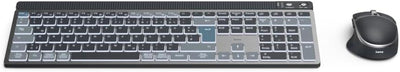 Hama Tastatur-Maus-Set kabellos WKM-750 (Multi-Device 1x Funk, 2X Bluetooth für PC, Laptop, Tablet, leise Tastatur LED, verstellbare Tippwinkel, FN-Lock, QWERTZ DE, ergonomische leise Maus) schwarz