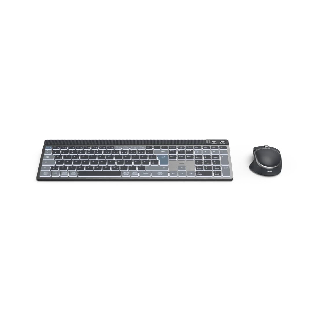 Hama Tastatur-Maus-Set kabellos WKM-750 (Multi-Device 1x Funk, 2X Bluetooth für PC, Laptop, Tablet, leise Tastatur LED, verstellbare Tippwinkel, FN-Lock, QWERTZ DE, ergonomische leise Maus) schwarz