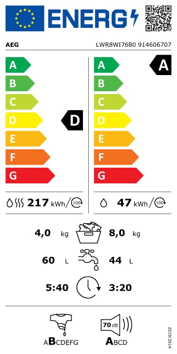 AEG LWR8WI7680/Einbauwaschtrockner/Serie 8000 mit PowerCare/8 kg Waschen/4 kg Trocknen/D/energiesparend/Mengenautomatik/Nachlegefunktion/ProSteam - Auffrischfunktion/1600 U/min, Weiß