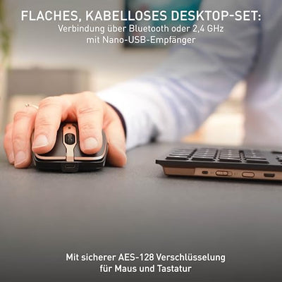 CHERRY DW 9100 SLIM, Kabelloses Tastatur- und Maus-Set, Deutsches Layout (QWERTZ), Bluetooth & 2,4 GHz Funk, Leise Tasten, Wiederaufladbar, Schwarz-Bronze