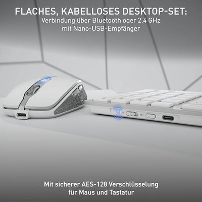 CHERRY DW 9100 SLIM, Kabelloses Tastatur- und Maus-Set, Deutsches Layout (QWERTZ), Bluetooth & 2,4 GHz Funk, Leise Tasten, Wiederaufladbar, Weiß-Silber