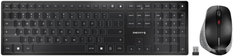 CHERRY DW 9500 SLIM, Kabelloses Tastatur- und Maus-Set, EU-Layout (QWERTY), Bluetooth oder 2,4 GHz Funk, Ergonomische Rechtshändermaus, Schwarz-Grau