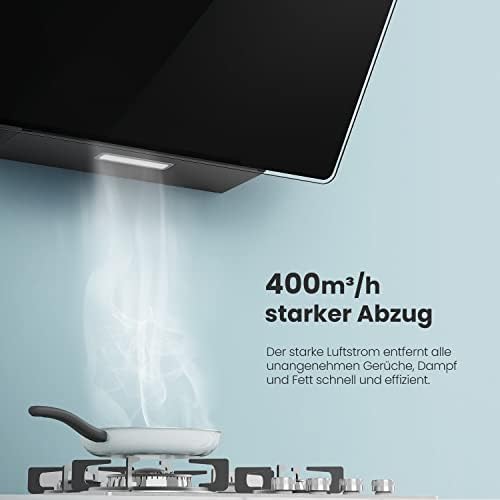 COMFEE' A+ Dunstabzugshaube 60cm CHK 3.6J64A1B Wandhaube aus gehärtetem Glas und Edelstahl mit Touchscreen, LED und Umluft- und Kanalsystem Wandmontierte Dunstabzugshaube, Schwarz