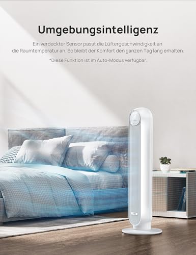 Dreo 28dB Leiser Turmventilator, 7,3m/s Geschwindigkeit 4 Geschwindigstufen 4 Modi 8 Std. Timer 90° oszillierende Ventilatoren mit Kühlung Fernbedienung für Schlafzimmer, Nomad One,Weiß