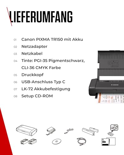 Canon PIXMA TR150 mobiler Drucker mit Akku (WLAN, Cloud, AirPrint, 4.800 dpi x 1.200 dpi, Highspeed USB Typ C, OLED-Display, Tintenstrahldrucker), schwarz