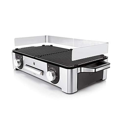 WMF Lono Master-Grill, Elektrogrill, 50x28 cm, Elektrogrill Tischgrill mit Windschutz und Auffangschale, Outdoorzertifiziert für Barbecue, 2 getrennt regulierbare Grillflächen, 2400 W, edelstahl matt