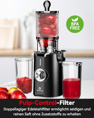 LINKChef Schnellreinigungs Entsafter, NO-Prep Entsafter Gemüse und Obst, Blitzreiniger Saftpresse Slow Juicer Testsieger mit Einfacher Installation, BPA Frei, 115mm, 1.2L, 200w Schwarz