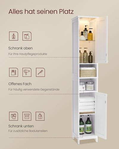 VASAGLE Badezimmerschrank mit Beleuchtung, hoch, schlanker Badschrank, Aufbewahrungsschrank mit verstellbaren Ablagen, offene Fächer, für kleine Räume, modern, wolkenweiß BBC566W03