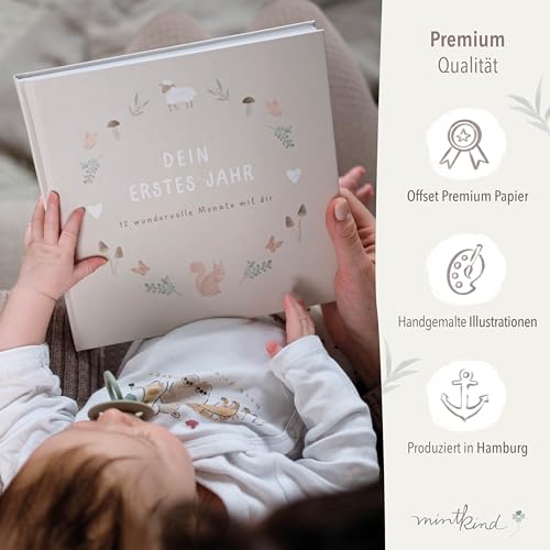 mintkind® Babyalbum "Mein erstes Lebensjahr" Wald + Sticker Set | Baby Fotoalbum zum Selbstgestalten | Baby Geschenk für Mädchen und Junge | Babybuch zum Eintragen | Baby-Tagebuch ab 0 Monate