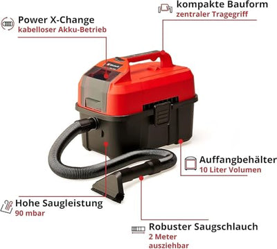 Einhell Akku-Nass-Trockensauger TE-VC 18/10 Li-Solo Power X-Change (10 Liter Tank, inkl. 2 m-Schlauch, Fugen-/Bürstendüse + Polster-/Universaldüse, ohne Akku und Ladegerät), Rot