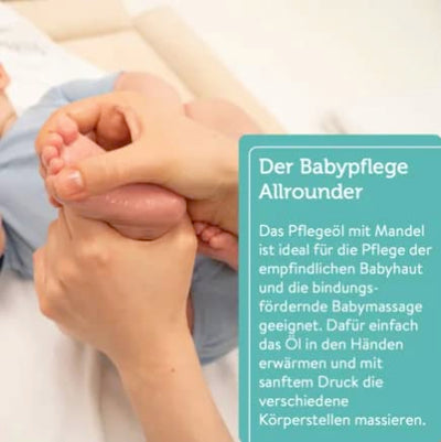 MABYEN Bio Baby Öl Mandel 200ml | Vegan, Parfümfrei, Naturkosmetik - Baby Mandelöl ideal zur Babypflege und als Baby Massageöl - in praktischer Pumpflasche - Stärkt Bindung