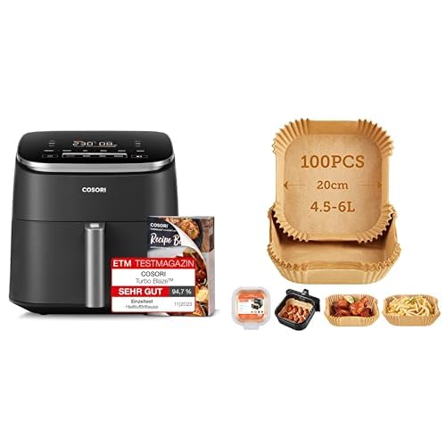 Cosori Turboblaze Heißluftfritteuse Airfryer, 9-in-1 Air Fryer XXL 6L, leiser DC Motor mit 5 Geschwindigkeitsstufen+ Cosori Backpapier für Heißluftfritteuse XXL 4-7,3 L, 100 Stück 20 cm