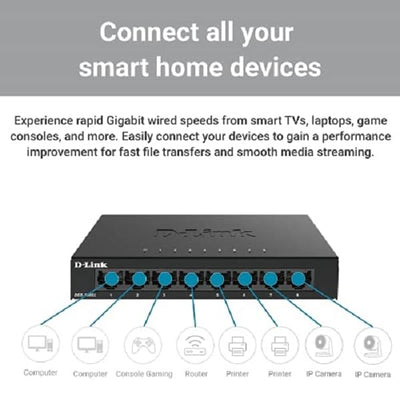 D-Link DGS-108GL 8-Port Unmanaged Gigabit Switch (ohne Lüfter, Low Profile Metallgehäuse, Desktop, Plug-and-Play, QoS, 802.3az EEE), Black