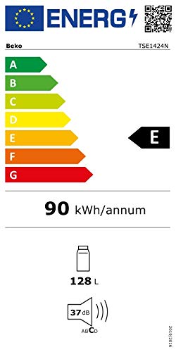 Beko TSE1424N b100 Tischkühlschrank, 128 l Gesamtrauminhalt, wechselbarer Türanschlag, gute Beleuchtung im Gerät, 37 dB, robuste Glasablagen, Weiß