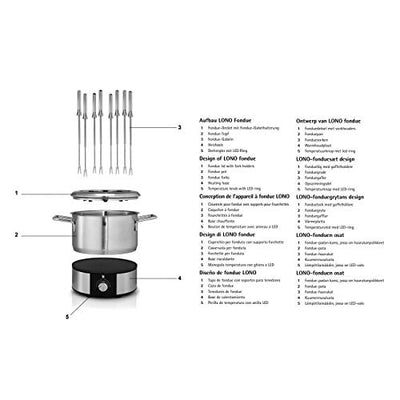 Service à fondue WMF Lono pour 8 personnes, fondue électrique, 1400 W, contrôle de la température, support de fourchette, marmite à induction 1,2 l, marmite, acier inoxydable mat