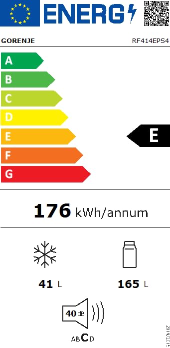 Gorenje RF414EPS4 Doppeltürkühlschrank mit Gefrierteil oben, 165 Liter Kühleil, 41 Liter Gefrierteil, LED Innenbeleuchtung, Energieeffizienzklasse E, 143,6cm x 55cm, silber