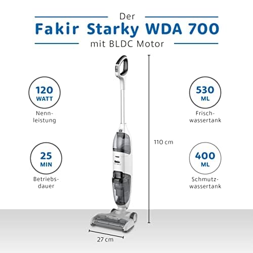 Fakir Starky WDA 700 Akku Staubsauger beutellos 120 W, 3in1 Nass Trockensauger kabelloser Bodenstaubsauger, 22,2 V Akku, 2 Saugstufen mit verschiedenen Aufsätzen, 25 Min. Laufzeit, selbstreinigend