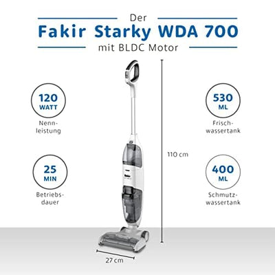 Fakir Starky WDA 700 Akku Staubsauger beutellos 120 W, 3in1 Nass Trockensauger kabelloser Bodenstaubsauger, 22,2 V Akku, 2 Saugstufen mit verschiedenen Aufsätzen, 25 Min. Laufzeit, selbstreinigend