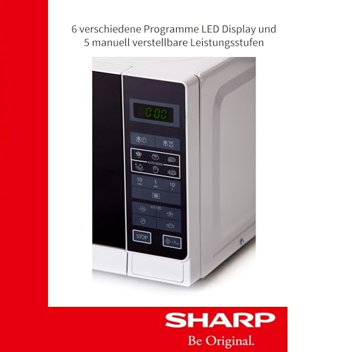 Sharp R242WW Solo-Mikrowelle / 20 L / 800 W / 5 Leistungsstufen / 8 Automatikprogramme / Gewicht- und zeitgesteuerte Auftauen / Kindersicherung / Energiesparmodus / Glasdrehteller (25,5 cm) / weiß