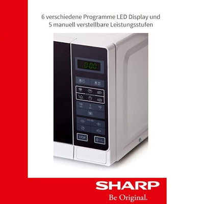 Sharp R242WW Solo-Mikrowelle / 20 L / 800 W / 5 Leistungsstufen / 8 Automatikprogramme / Gewicht- und zeitgesteuerte Auftauen / Kindersicherung / Energiesparmodus / Glasdrehteller (25,5 cm) / weiß