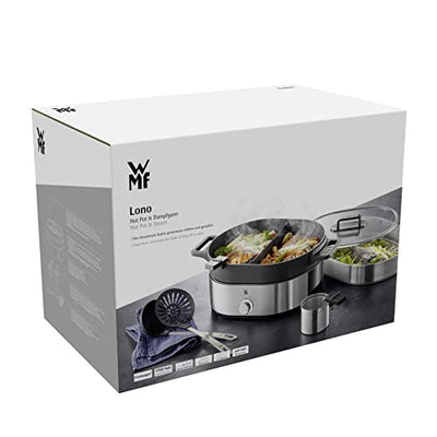 WMF Lono Hot Pot & Dampfgarer elektrisch 3,6l, chinesisches Fondue für 6 Personen, elektrische Dampfgarer, Dampfaufsatz für Dim Sum, Bao, Garkörbchen, 1700W, edelstahl matt