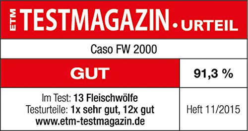 Caso FW2000 Elektrischer Fleischwolf, inkl. Spritzgebäck, Aufsatz 800 W nominal, 2000 W locked, ca. 2kg/ Minute, Alu Guss Gehäuse, starker Motor, Silber