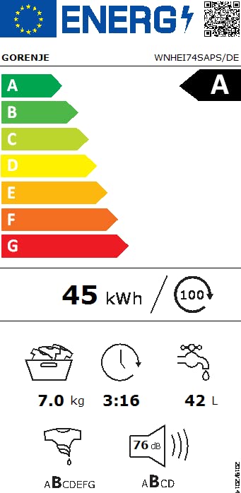 Gorenje WNHEI 74 SAPS/DE Waschmaschine mit Dampffunktion, 7kg Fassungvermögen, EEK: A, Inverter PowerDrive Motor, 1400 U/min, 15 Programme, Steam Tech, AquaStop, Kindersicherung, weiß