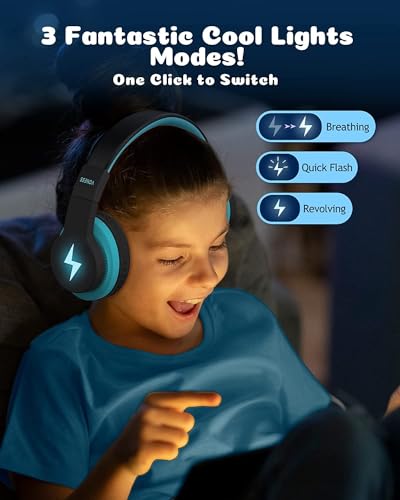 Bluetooth Kopfhörer Kinder, kabellose Bluetooth Kinderkopfhörer Over Ear mit 85dB/94dB Lautstärkebegrenzung, 45H Spielzeit, 3 Lightning-Modi, eingebautes Mikrofon Kopfhörer für Handy Tablet Schule