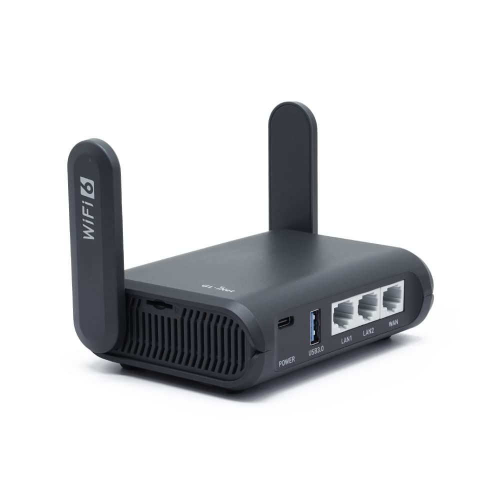 GL.iNet AXT1800 (Slate AX) Klein Gigabit WLAN WiFi 6 Router für Zuhause & Reisen, Geschwindigkeit bis zu 1.800 Mbit/s, Dualband 6, 3 Gigabit LAN Ports, VPN / WPA3 / IPV6, MU-MIMO, OFDMA